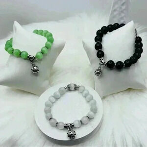White Moonstone, Green Chrysoberyl & Onyx Black Natural Stone Bundle 3 Bracelets